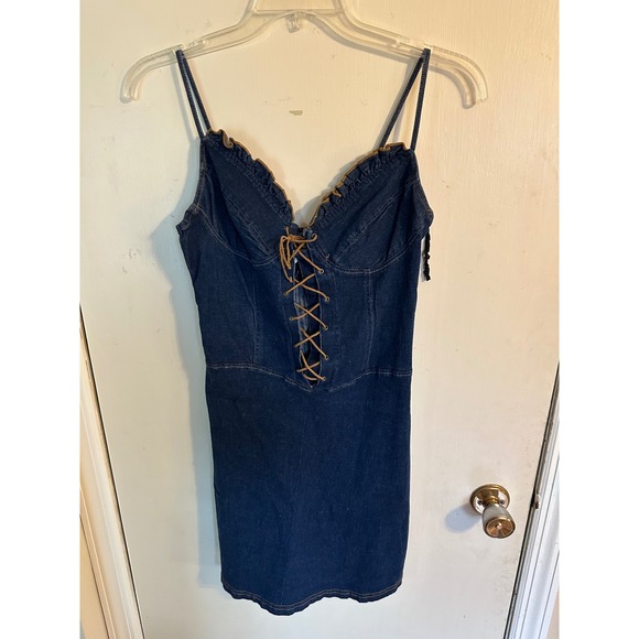 GAS CO Vintage Denim Corset Mini Dress Dark Wash Lace Up Western Blue Size 11 - Picture 5 of 11